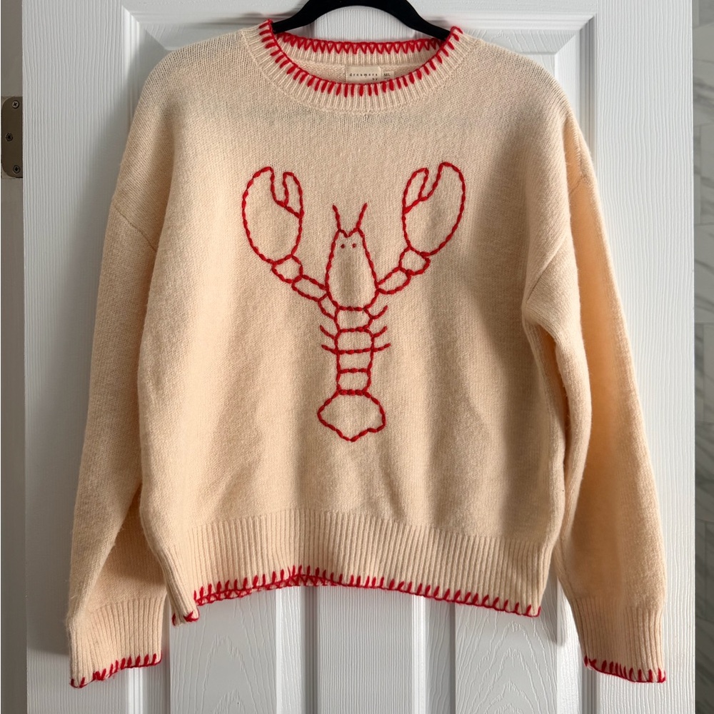Cream Crewneck Sweater with Red Lobster Stitching